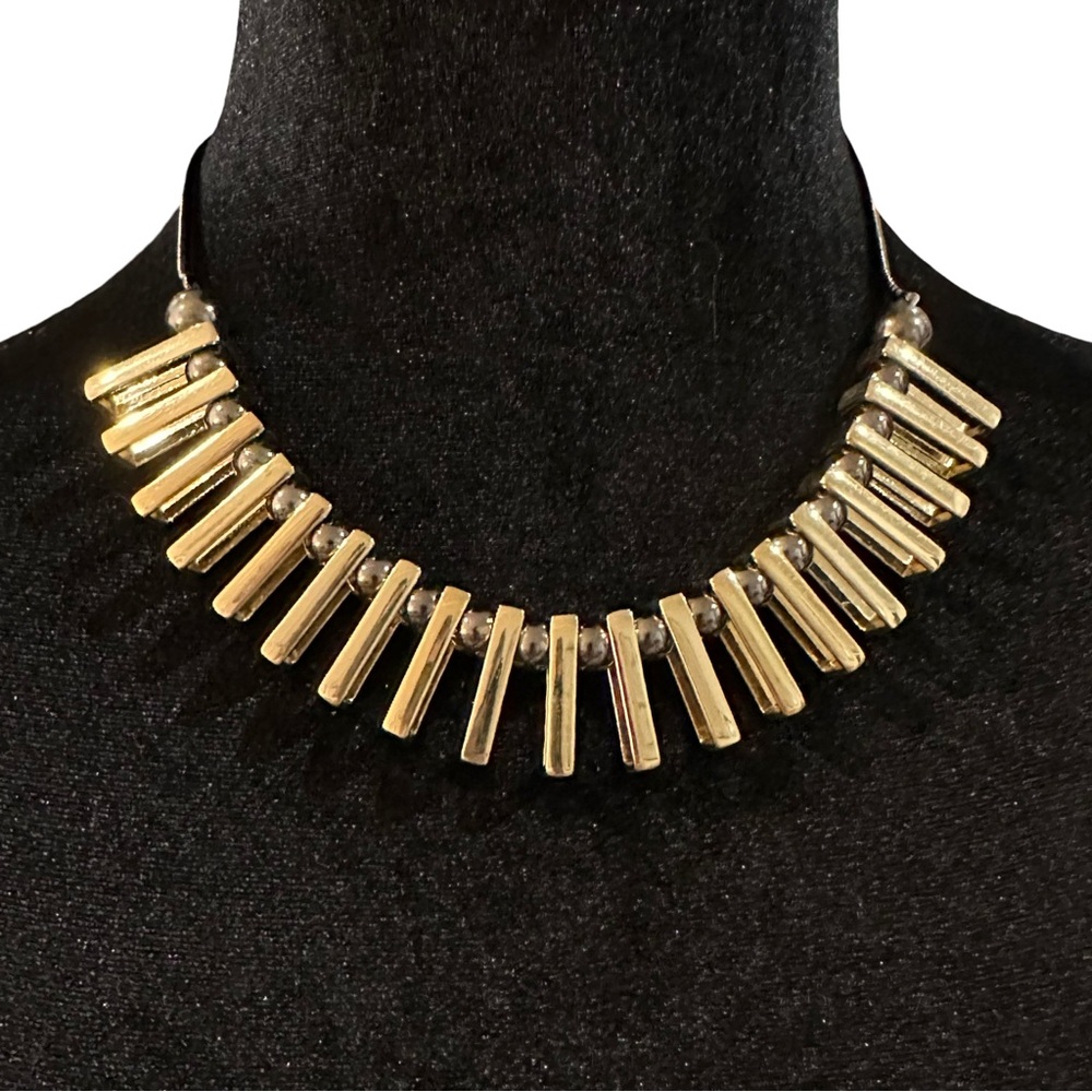 Statement Necklace Tribal Style Hematite Beaded Gold Tone Egyptian Bib